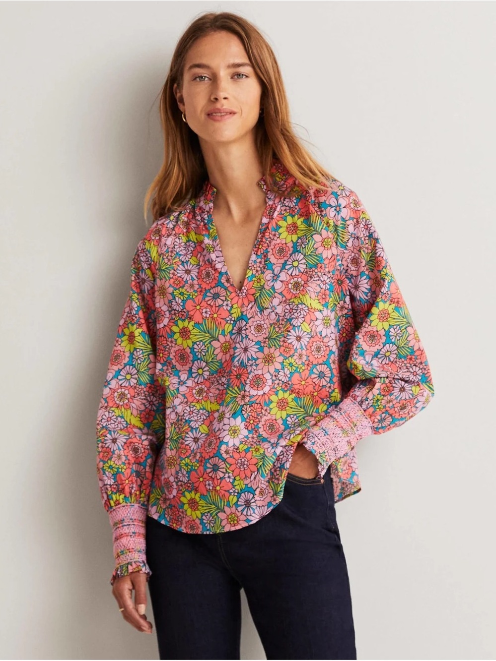 Floral Pink V-Neck Long-Sleeve Women's Top